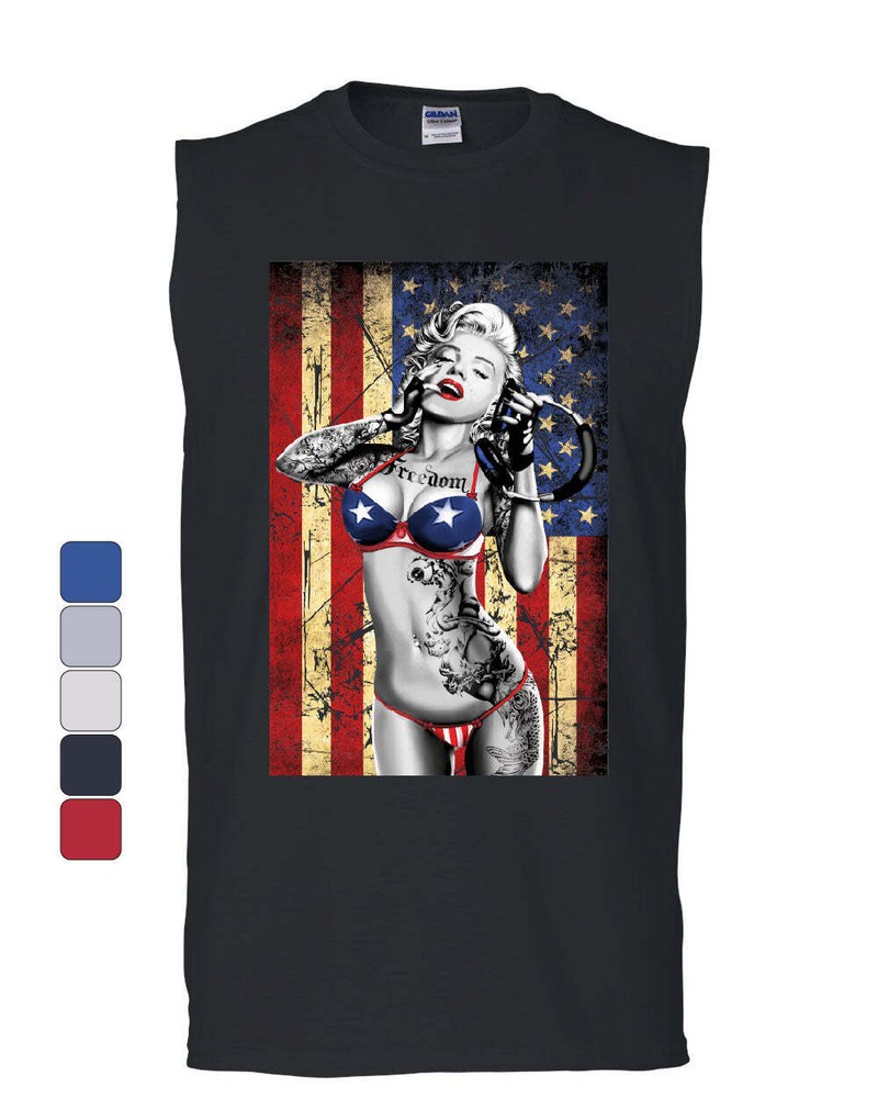 Marilyn Monroe US Flag Muscle Shirt Freedom Sexy Girl Tattoos Gangsta Sleeveless