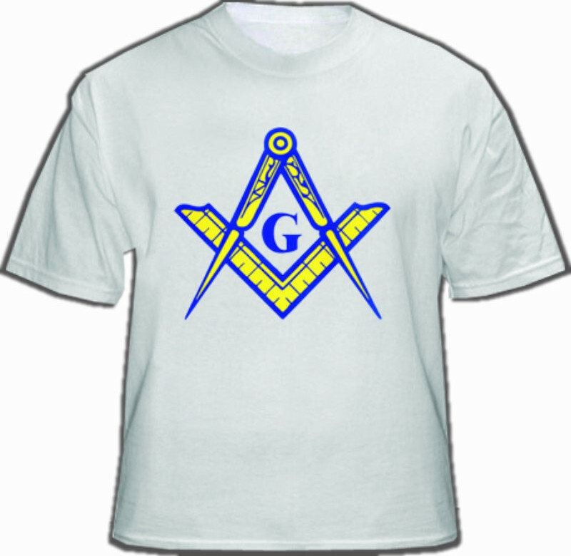 White Masonic T-Shirt For Freemasons – Blue & Yellow Masonic Compass and Square