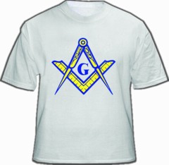 White Masonic T-Shirt For Freemasons – Blue & Yellow Masonic Compass and Square
