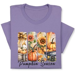 Pumpkin Season Print Shirt, Fall Tee with Sunflowers & Cart