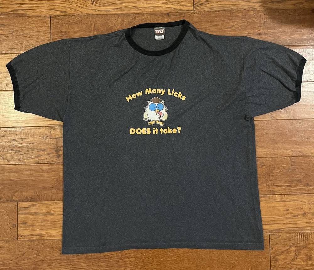 VTG How Many Licks Does It Take – Mr. Owl Tootsie Pop Gray Ringer Tee – Size 2XL