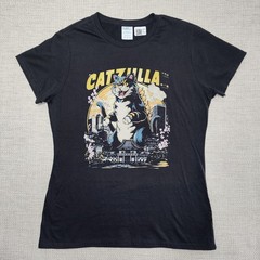 Catzilla T-Shirt – Cat Meets Godzilla Monster Funny Graphic Tee Women’s Size M
