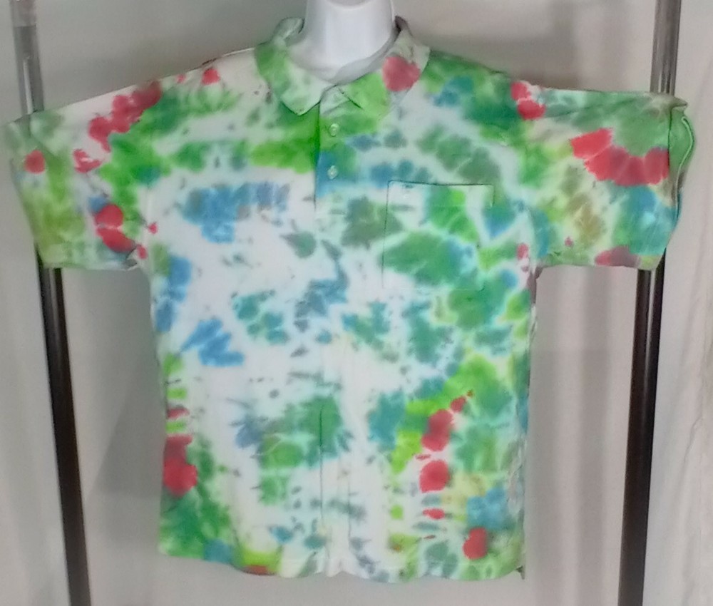 Ivy Crew Options~Tie Dye Polo Shirt Top~Sz. Medium~Green/Blue~Excellent Upcycle