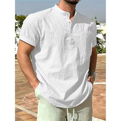 Men’s Cotton Linen Henley Shirt Summer Breathable Casual T-Shirt Tee Casual Gift