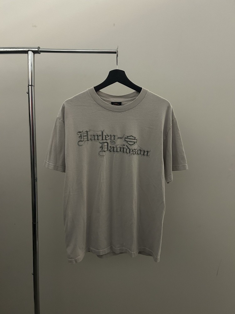Vintage 00s Harley Davidson Old English Spellout Logo Flame Shirt Large Gray 07