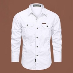 Men’s Long-Sleeve Western Shirts Cotton Button-Up Military Style