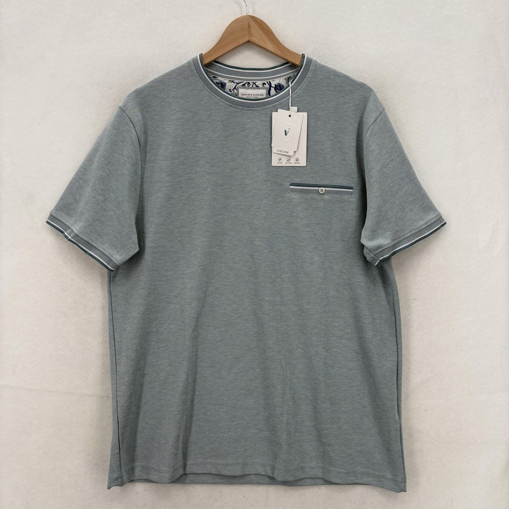 Denim & Flower Shirt Mens Large Gray Viscose Blend Pocket Casual Crewneck Tee