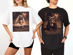 Bride Groom Raccoon Photo Wedding Shirt Funny Mr Mrs Matching Couple Gift Tee