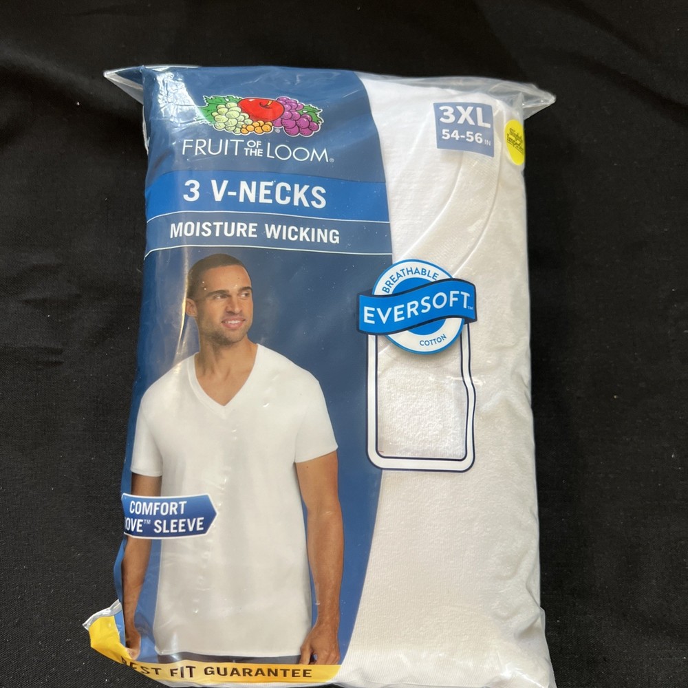 3pk White Mens 3XL 54-56 Inch V Neck T-Shirts Fruit Of The Loom New *Seconds