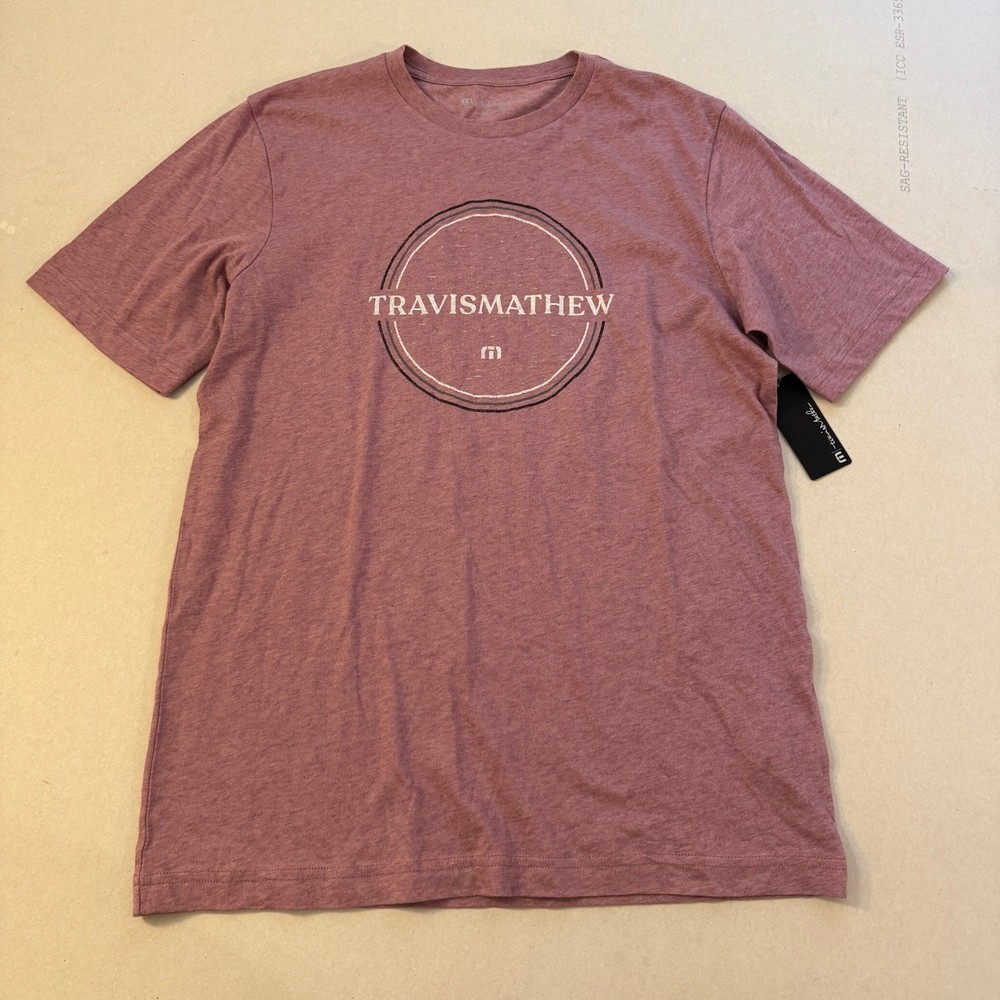 TravisMathew Mens Heathered Mauve Graphic T-Shirt Short Sleeve Logo Tee Medium