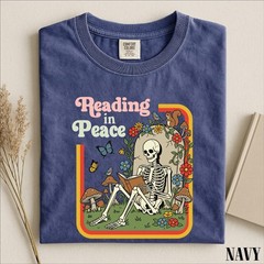 Reading in Peace Shirt Skeleton Book Lover Funny Halloween Reader Unisex Tee