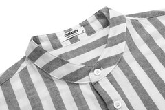 Men’s Cotton Hemp Long Sleeve Casual Beach Henley Shirt(Black White Striped,M)