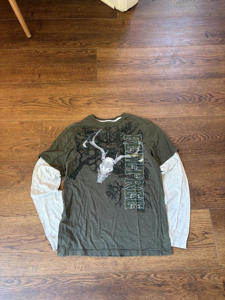 Vintage 00s Y2K grunge realtree Layered Look Deer Skull Graphic LongSleeve Shirt