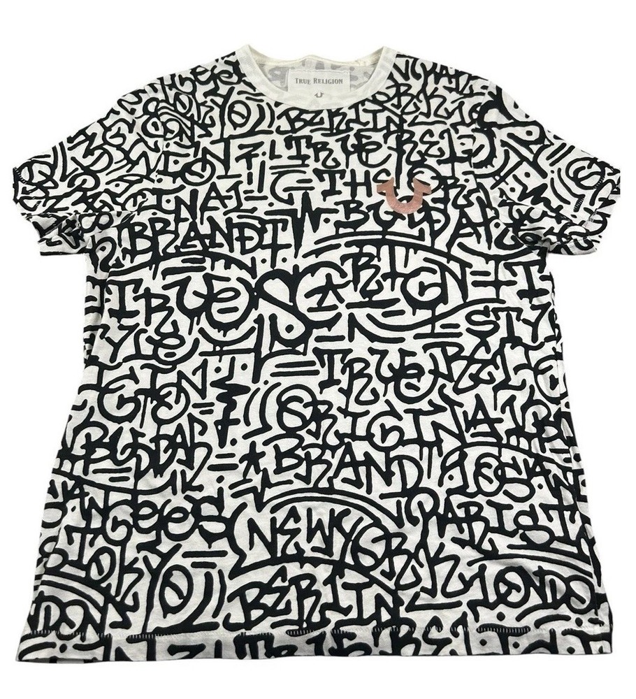 TRUE RELIGION Graffiti Print Graphic T Shirt White Black Metallic Horseshoe M