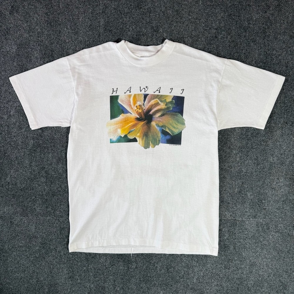 VINTAGE FRUIT OF THE LOOM HAWAII HIBISCUS FLOWER SINGLE STITCH T-SHIRT / LARGE