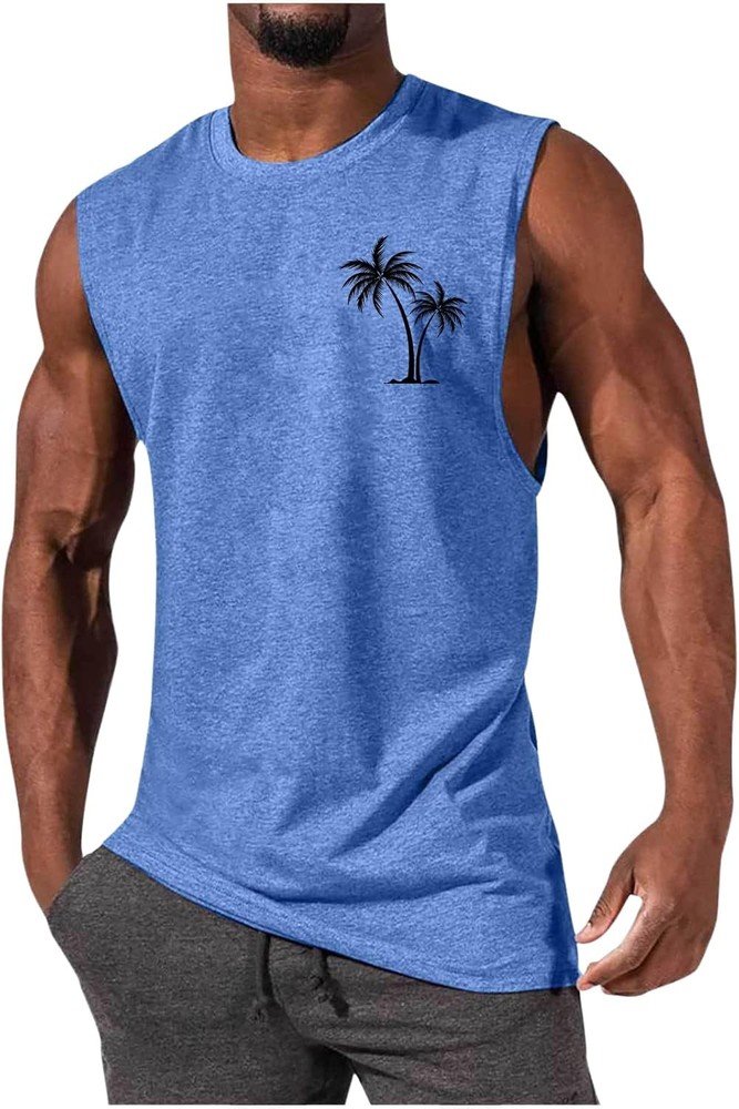 Mens Hawaiian Beach Tank Tops Palm Tree Print Sleeveless Muscle T-Shirts Casual