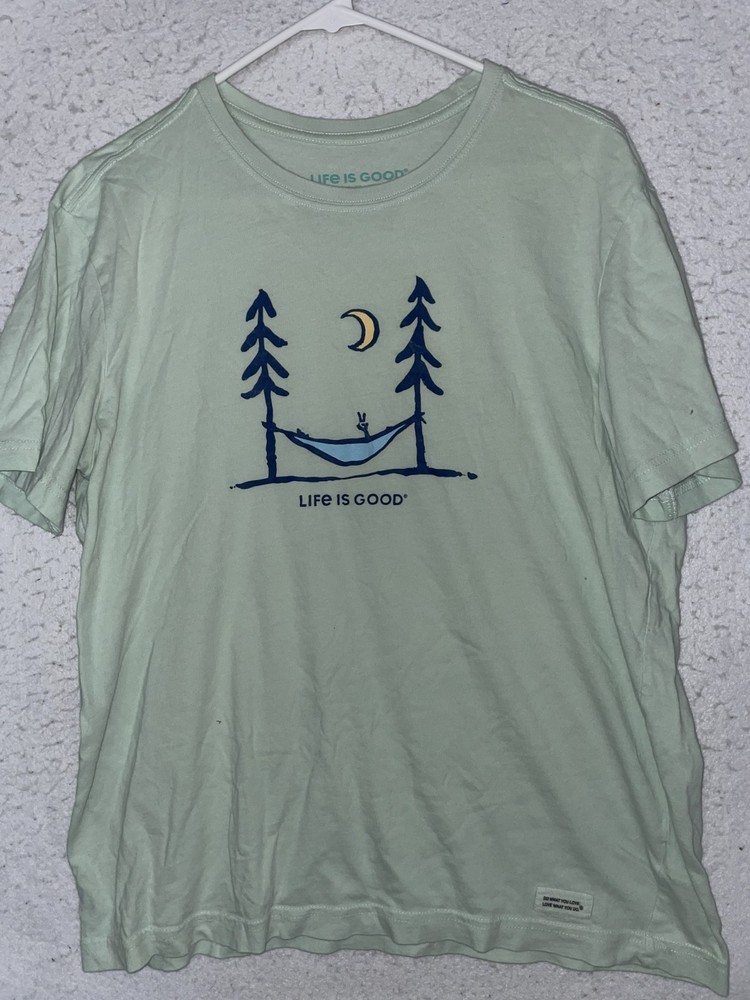 Life Is Good Crewneck T-Shirt Men’s Sz M Hammock Peace out Outdoor Camping Green