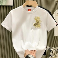Men’s Luxury Koi Fish Embroidered Cotton T-Shirt Casual Short Sleeve Slim Fit Te