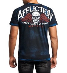 Affliction Men American Customs Shirt Motorcycle Skull Wings Cobalt Blue/Black