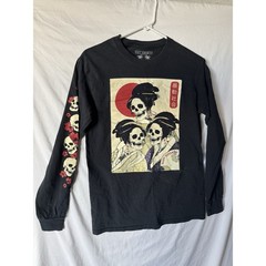 Riot Society Black Graphic T-shirt Long Sleeves Size Small Skulls Flowers