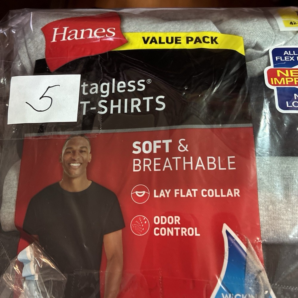 HANES 5 Tagless T-Shirts Size Large 42-44” Gray/Black Wicking Cool Comfort
