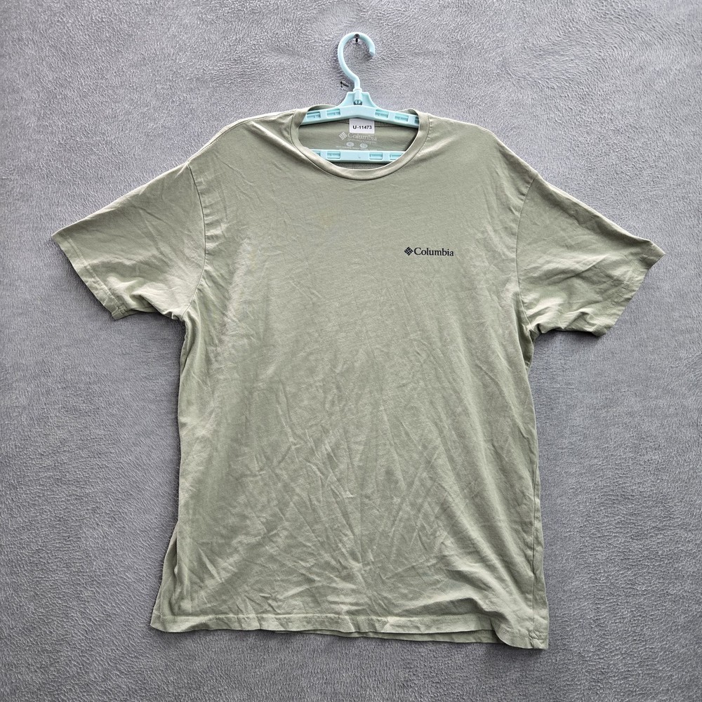 Columbia Men Shirt XL Brown Graphic Mountain Sunset Logo Short Sleeve