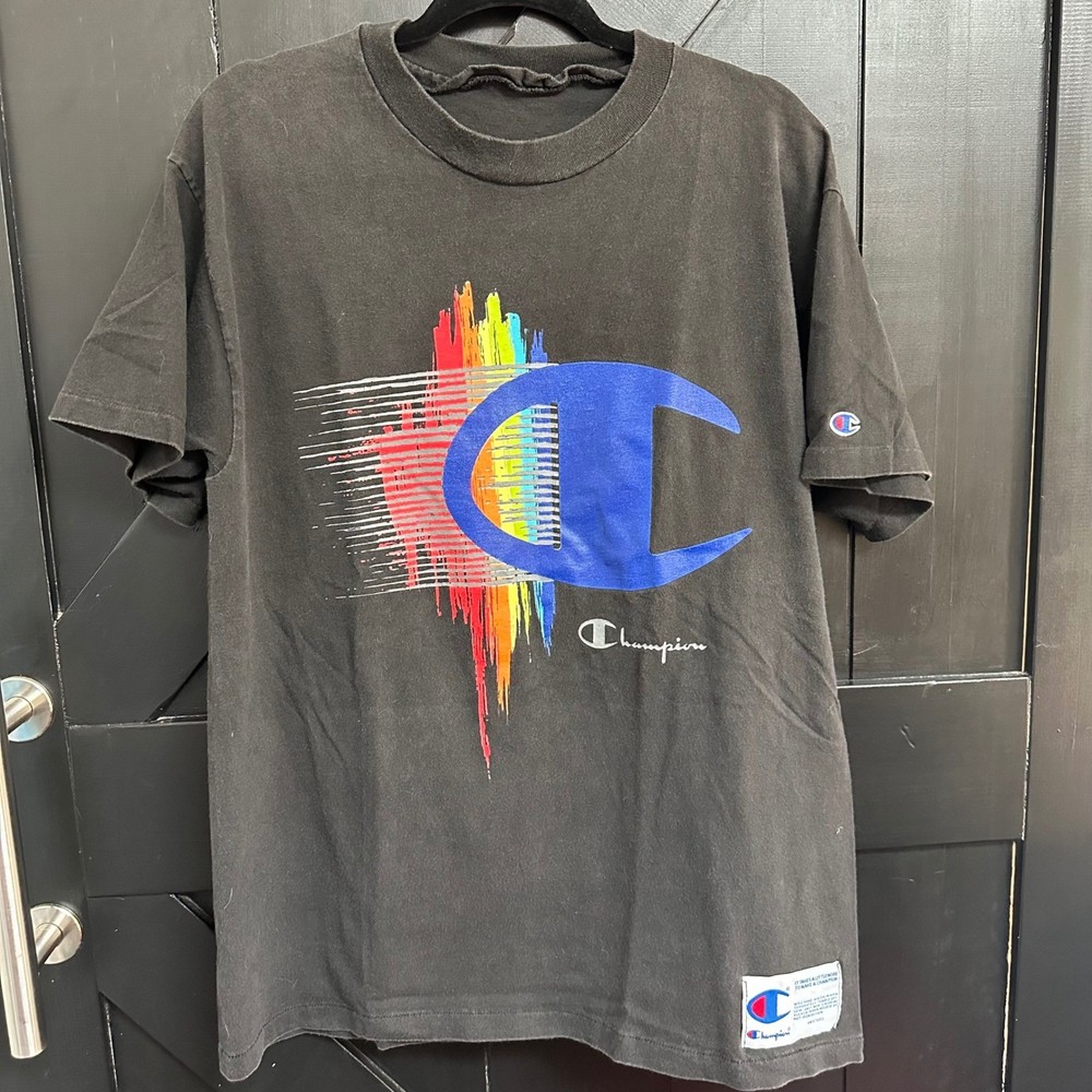 Vintage Champion T Shirt Made In USA Big C Rainbow Graphic Streetwear 90s Skate