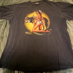 Vintage 90s Wild Side Wolf Back T Shirt XL Native American Sexy Woman Single Sit