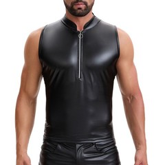 Slim Fit Mens Faux Leather Sleeveless T-shirt Vest Half Zip Sexy Casual Tank top