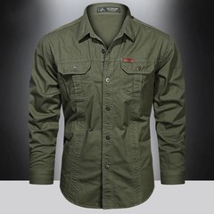 Men’s Long-Sleeve Western Shirts Cotton Button-Up Military Style