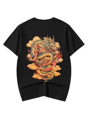 Niepce Japanese Streetwear T-shirt Golden Dragon Print Graphic Tee for Men