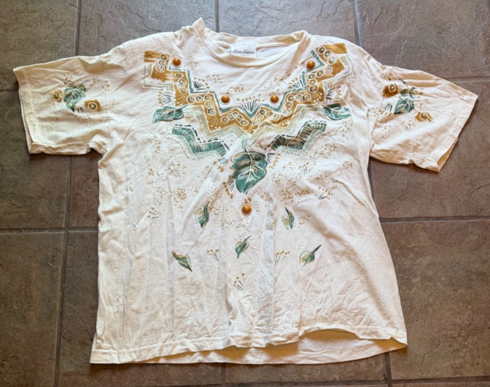 Laura Lance Embellished Art Deco T Shirt Beige Beaded Leaf Graphic Top