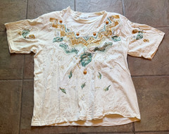 Laura Lance Embellished Art Deco T Shirt Beige Beaded Leaf Graphic Top
