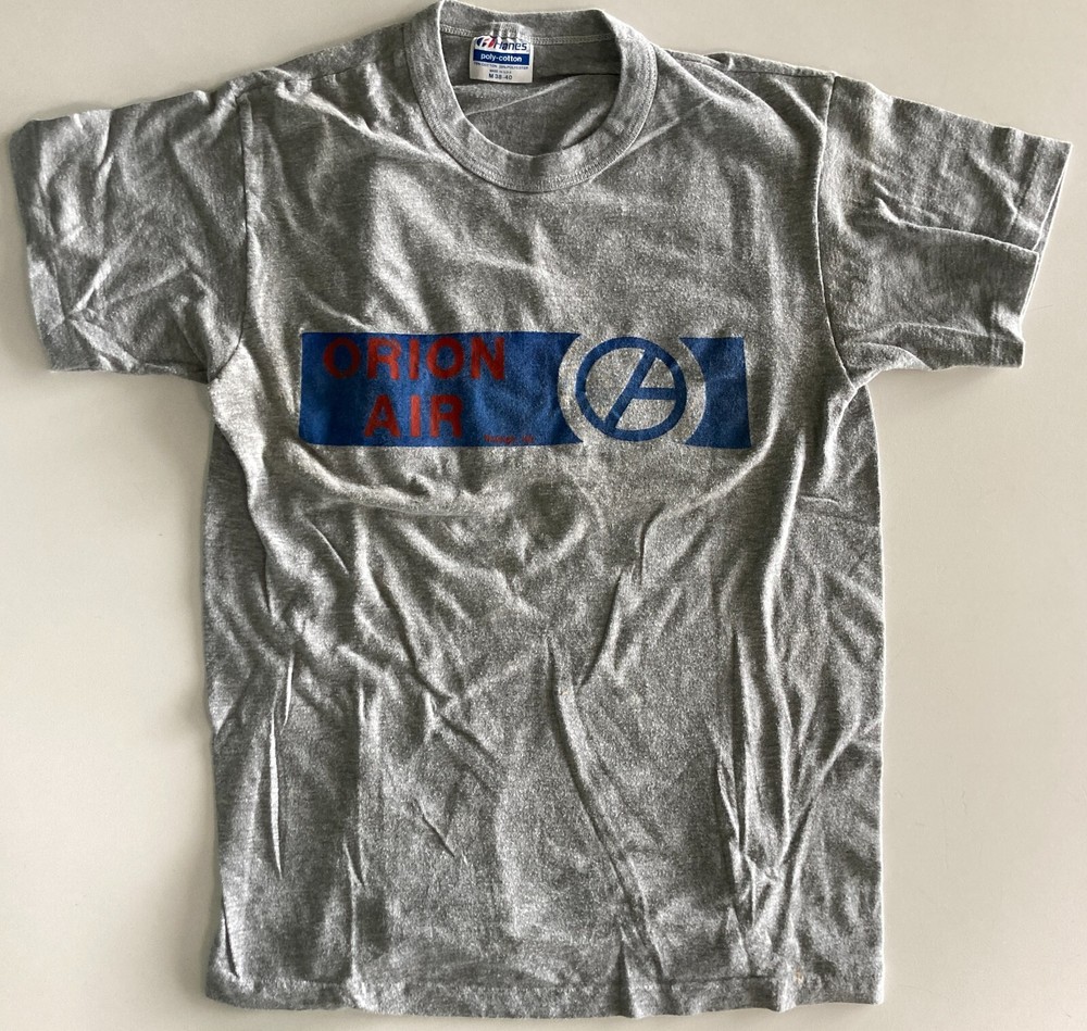 VTG 1980s ORION AIR T-SHIRT~#26~MED~GRAY~HANES~AIRLINE FOLDED IN 1989~RARE SHIRT