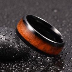 8mm Black Tungsten Carbide Wedding Ring for Women with Koa Wood Inlay Domed W…