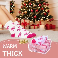 Pink Fuzzy Socks Cozy Fluffy Winter Warm Slipper Socks Bow Womens Gifts