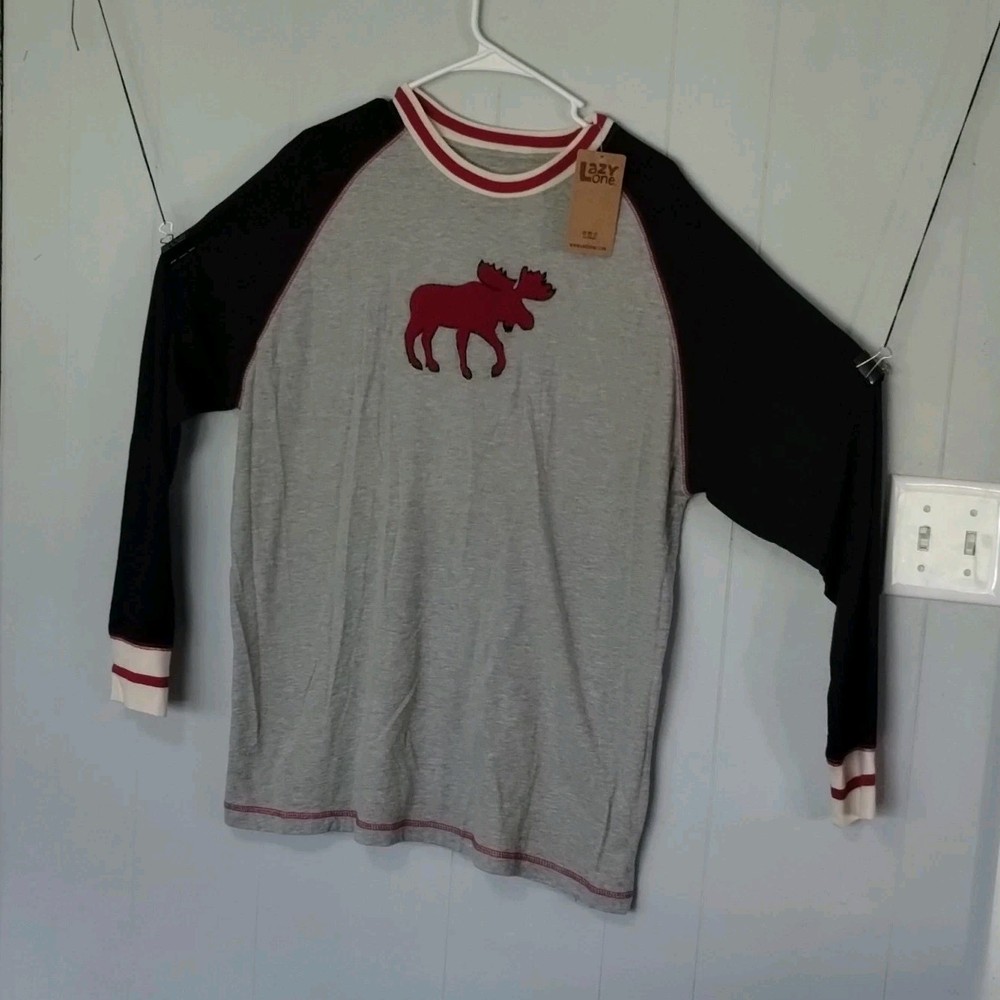 Lazy One Men’s XL Gray/Black Raglan Long Sleeve Crew Neck Embroidered Moose Tee