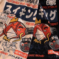 Hip Hop Streetwear T-Shirt Harajuku Japanese Kanji Funny Fish Printed Tshirt 202