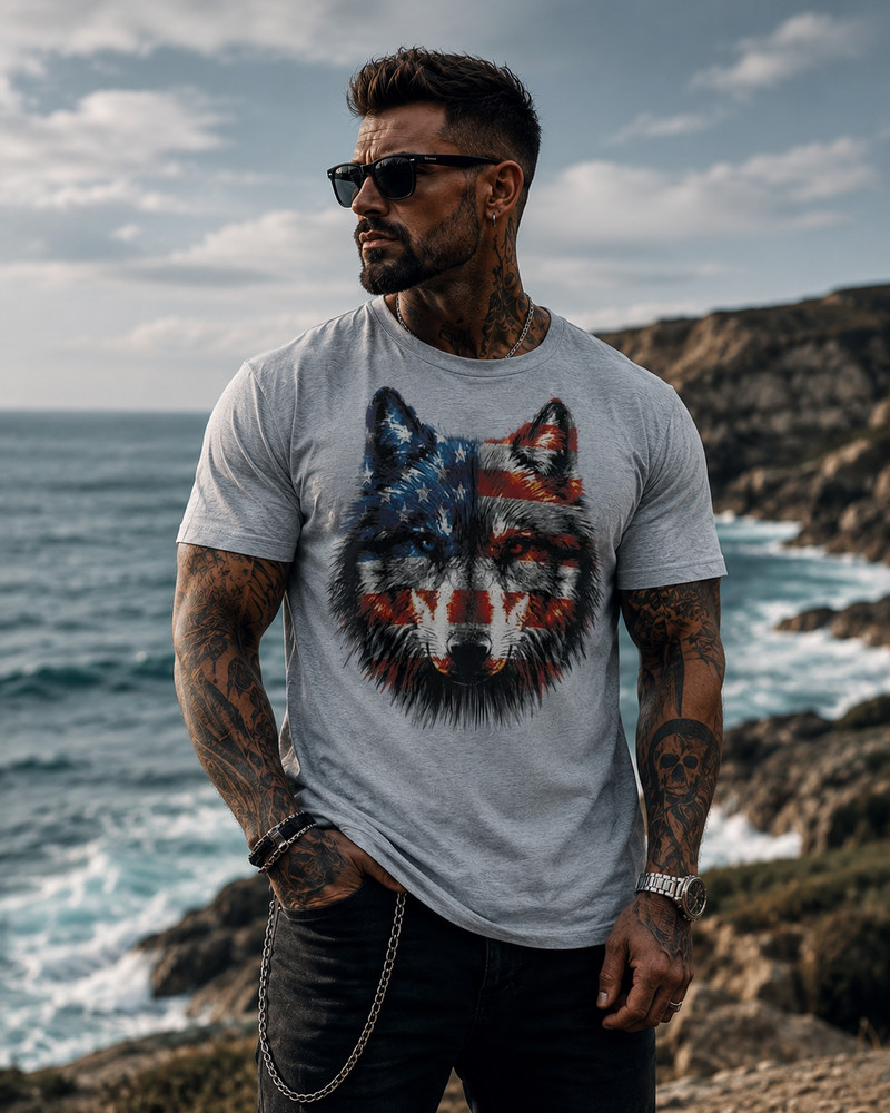American Flag Wolf Face Tee, Men’s Patriotic Graphic T-Shirt, Gift for Wolf Love
