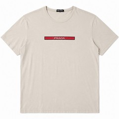 Prada Logo Mens XL Slim Fit Beige Graphic T Shirt Red Box Logo Cotton