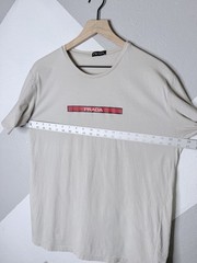 Prada Logo Mens XL Slim Fit Beige Graphic T Shirt Red Box Logo Cotton