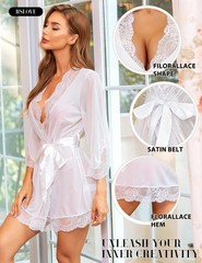 Women Lace Kimono Robe Babydoll Chemise Lingerie Bride Wedding Party Sleep