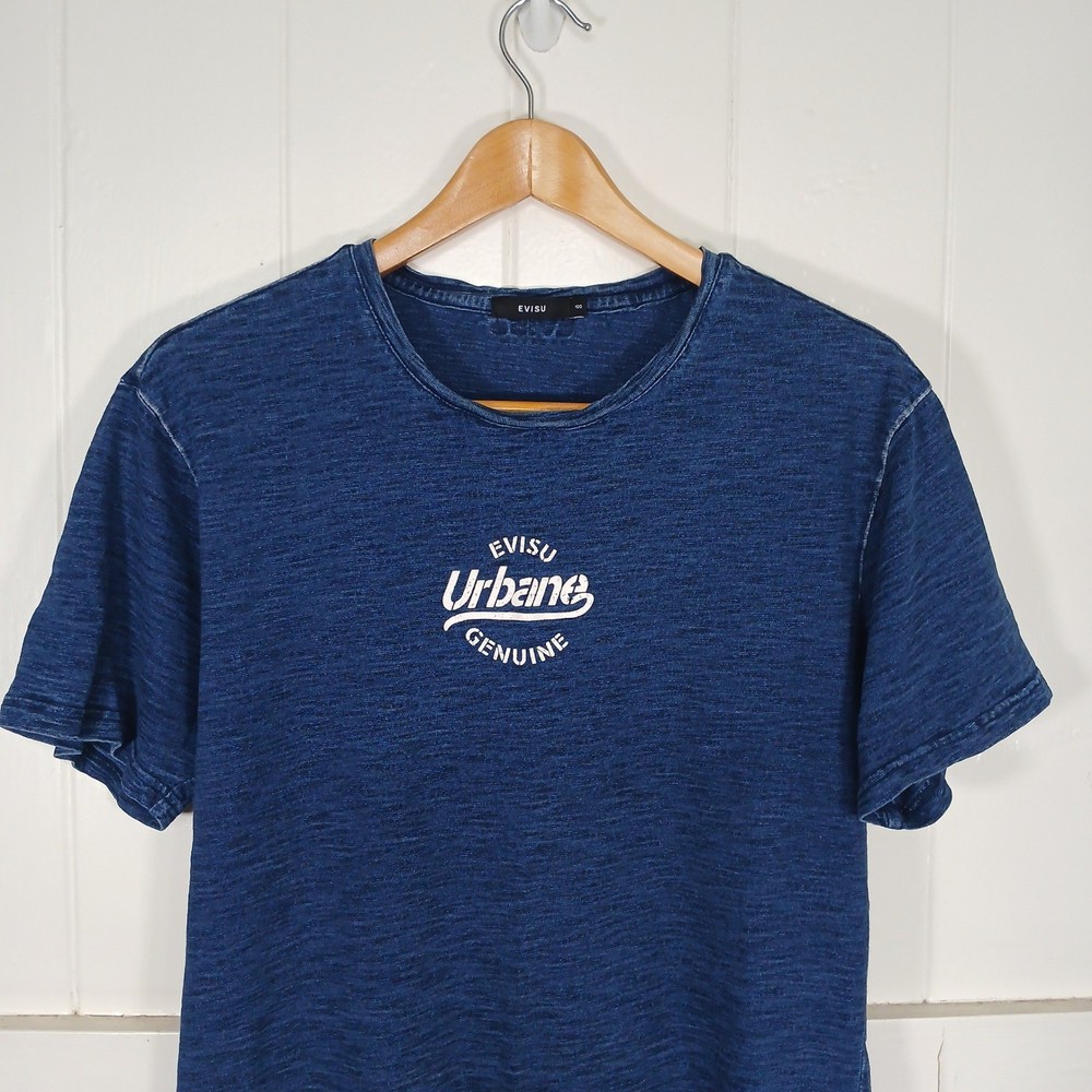 Evisu T-Shirt Mens 100 Indigo Blue Urbane Genuine Slub Knit Graphic Tee Japan