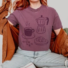 Coffee and Croissant Graphic Tee Hand-Drawn Sketch Art