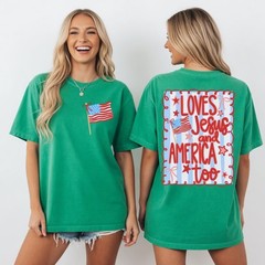 Loves Jesus and America Too Patriotic Coquette Bow 4th of July T-Shirt