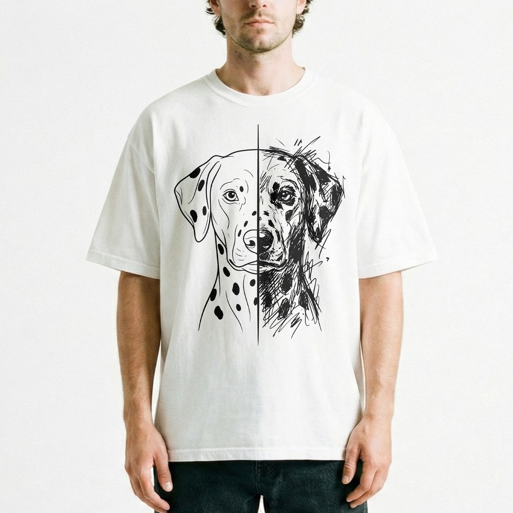 Split Style Dalmatian Portrait Clean Sketch Dog Lover T-Shirt Dual Design Tee