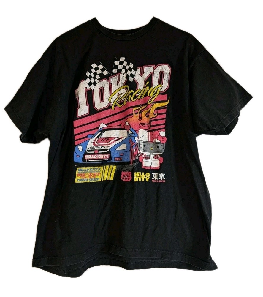 Men’s XL Hello Kitty Tokyo Racing Speed Kawaii Race Car SS Black T-Shirt