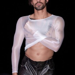 Long Sleeve Men’s Sexy Lingerie Top O Neck Tight Sheer Shirts Oil Shiny