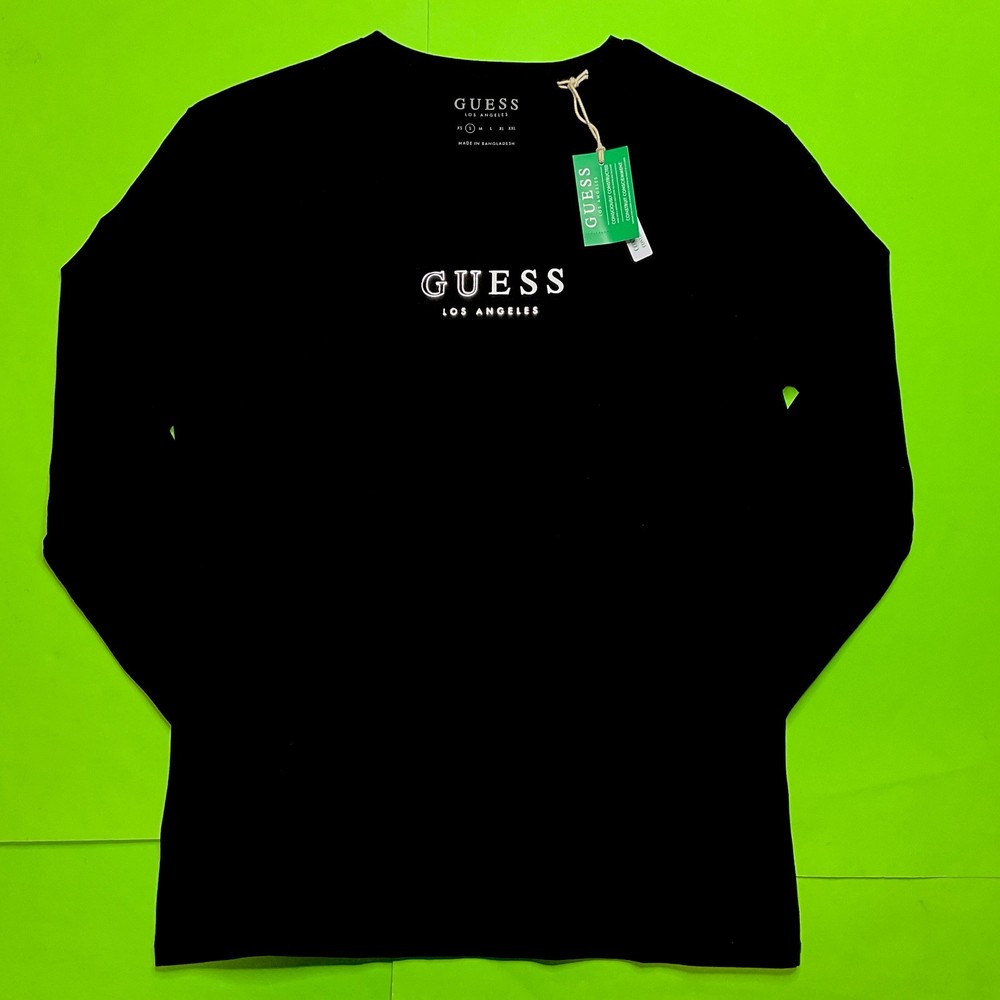 GUESS Los Angeles Men’s Long Sleeve T-Shirt SMALL Black w/White, Silver NEW