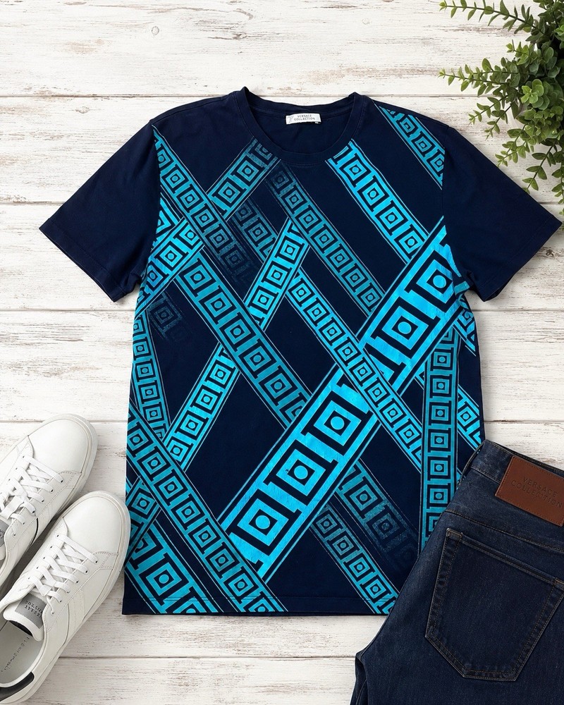 Versace Collection Men’s Graphic T Shirt Blue Geometric Print Size M